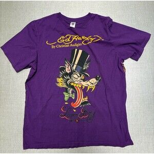 VTG Ed Hardy By Christian Audigier Lover Boy T-Shirt Men's XL Purple Tattoo Wolf